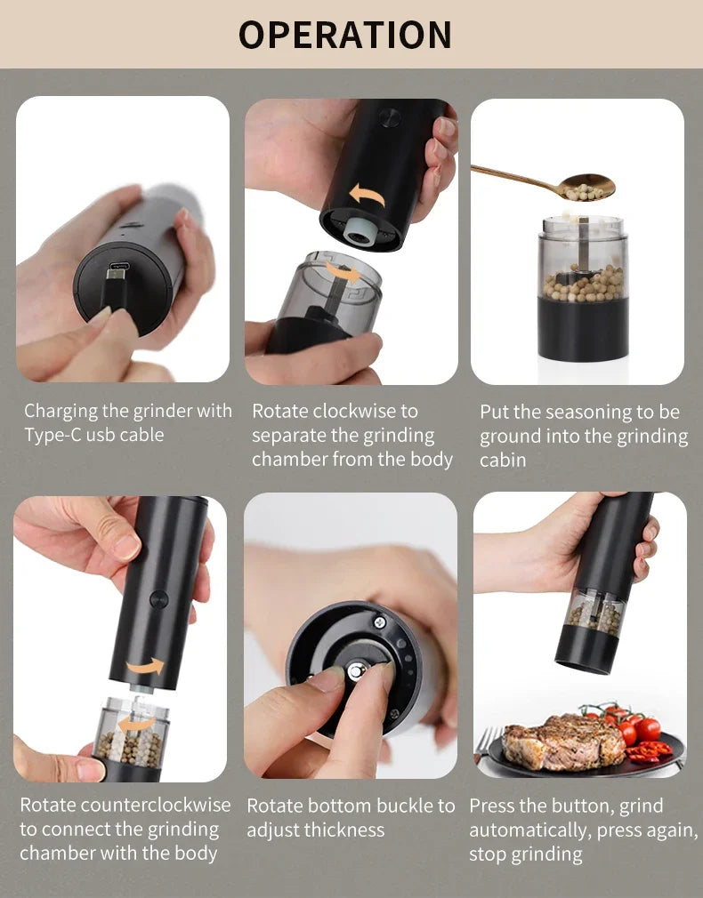 USB Rechargeable Electric Salt & Pepper Grinder - Adjustable Coarseness Mill