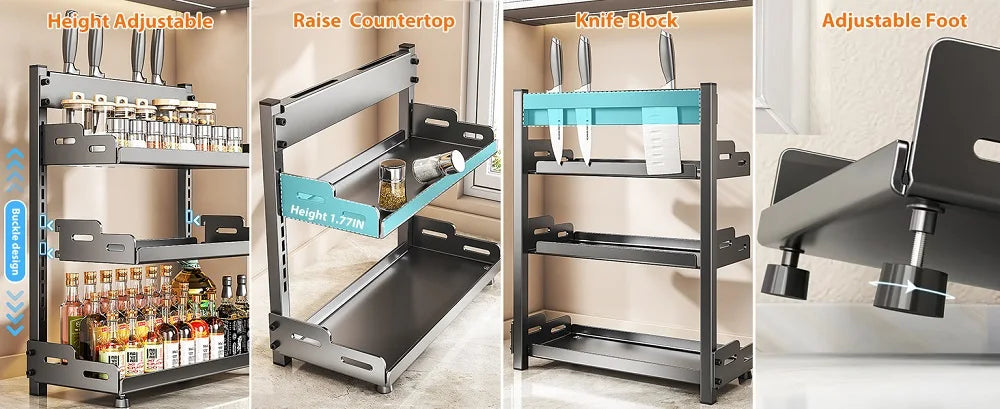 3 Tier Adjustable Spice Rack - Countertop & Cabinet Kitchen Organizer