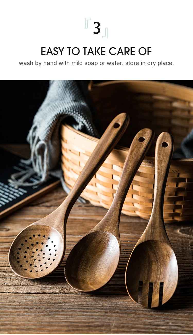9-Piece Teak Wooden Cooking Utensil Set with Holder