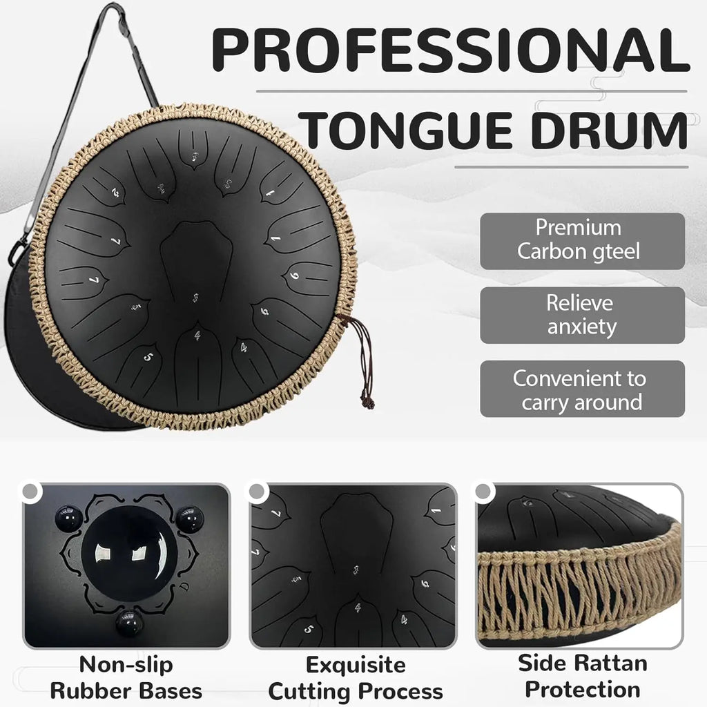 Hluru 13-inch Steel Tongue Drum - 15 Notes D Tone Glucophone Ethereal Percussion