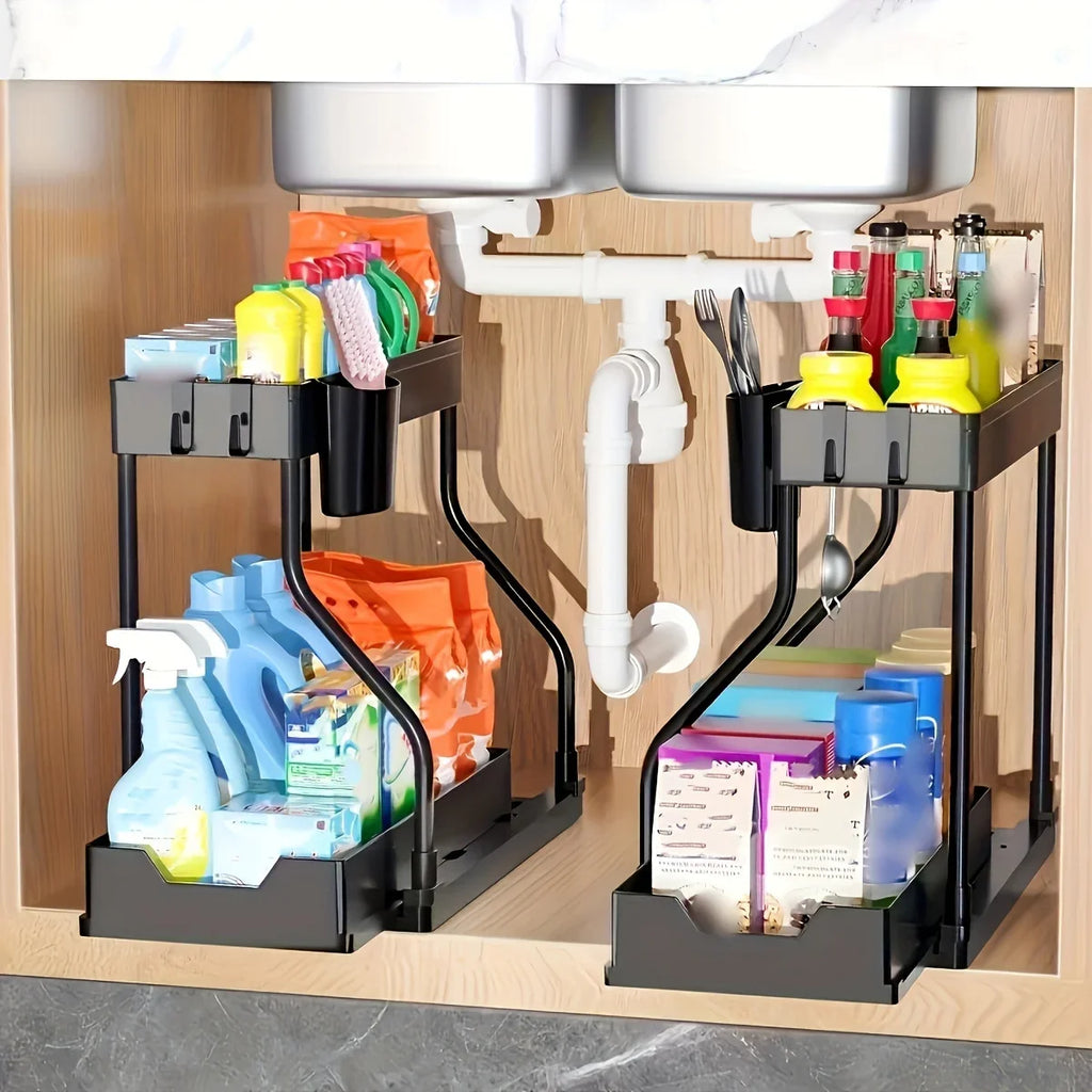 Vabena 2-Tier Under Sink Pull-Out Organizer - Space Saving Storage for Kitchen & Bath