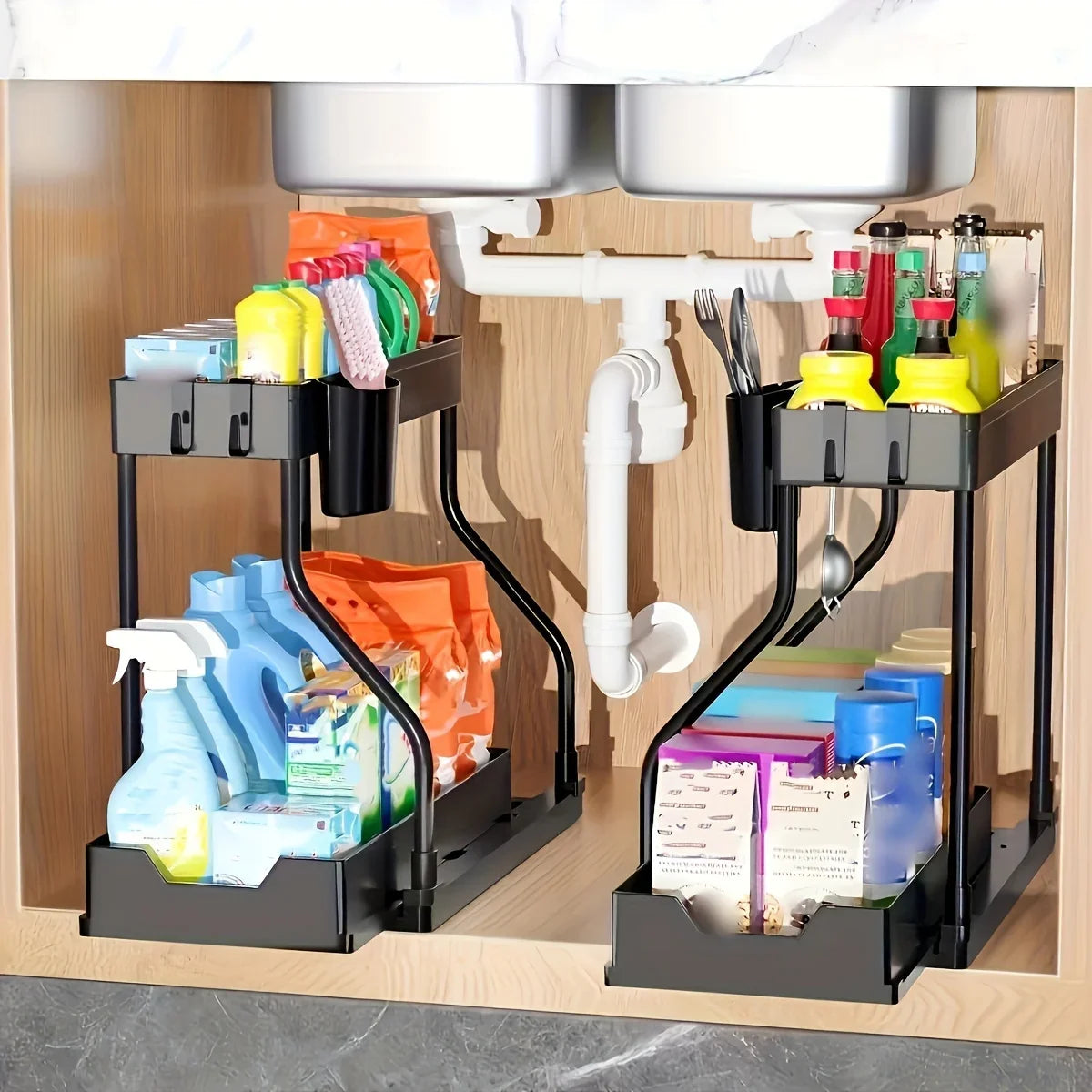 Vabena 2-Tier Under Sink Pull-Out Organizer - Space Saving Storage for Kitchen & Bath