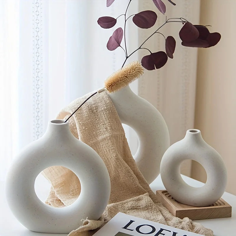 Modern Boho Ceramic Donut Vase - White & Beige Decor