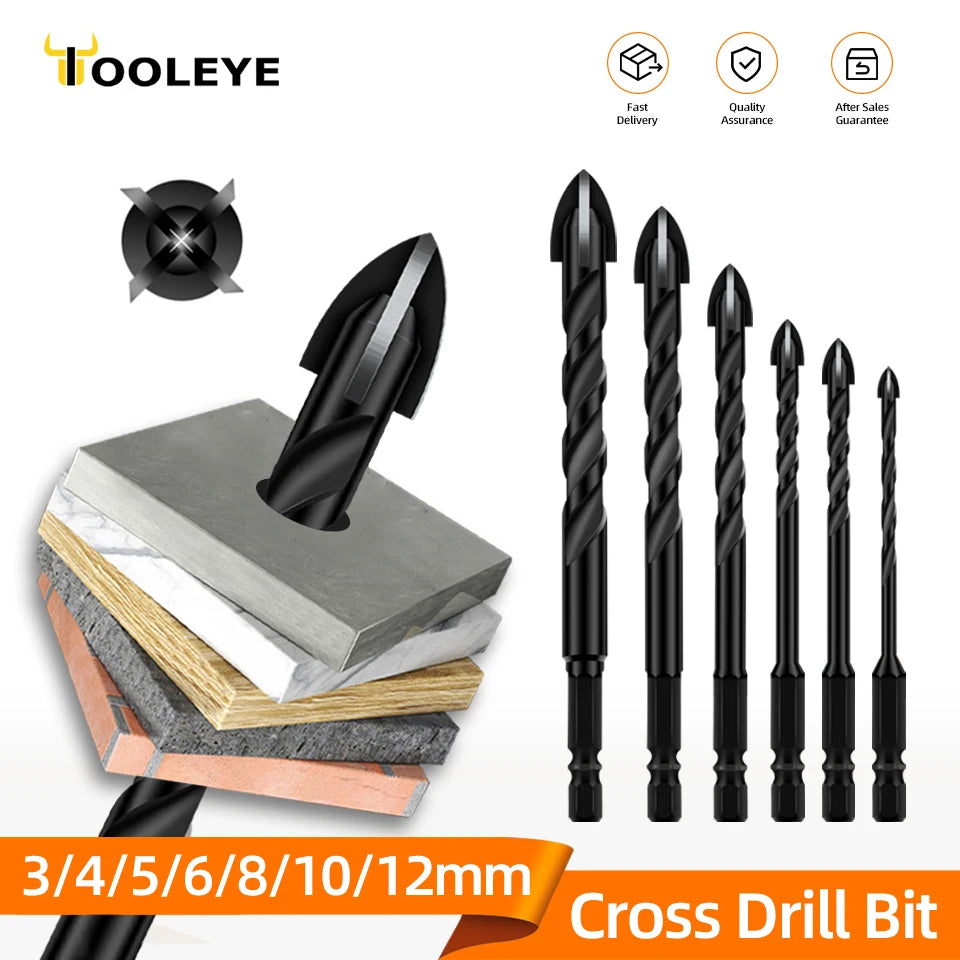 TOOLEYE Multifunction Cross Hex Drill Bit Set - Concrete, Tile, Glass, Metal