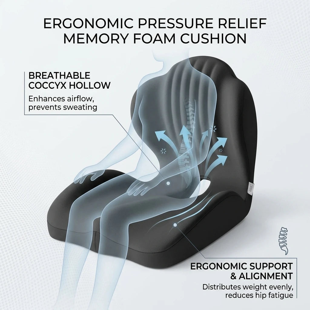Ergonomic Memory Foam Seat Cushion with Lumbar Support | Office & Car Back Pain Relief