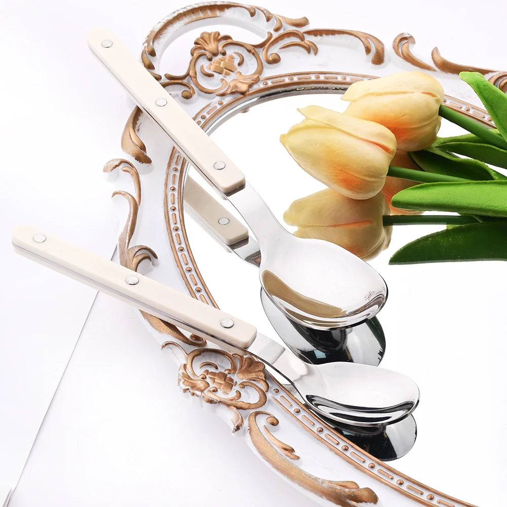 Elegant Beige Silver Acrylic Handle Cutlery Set - 4/16 Pc Stainless Steel Dinnerware