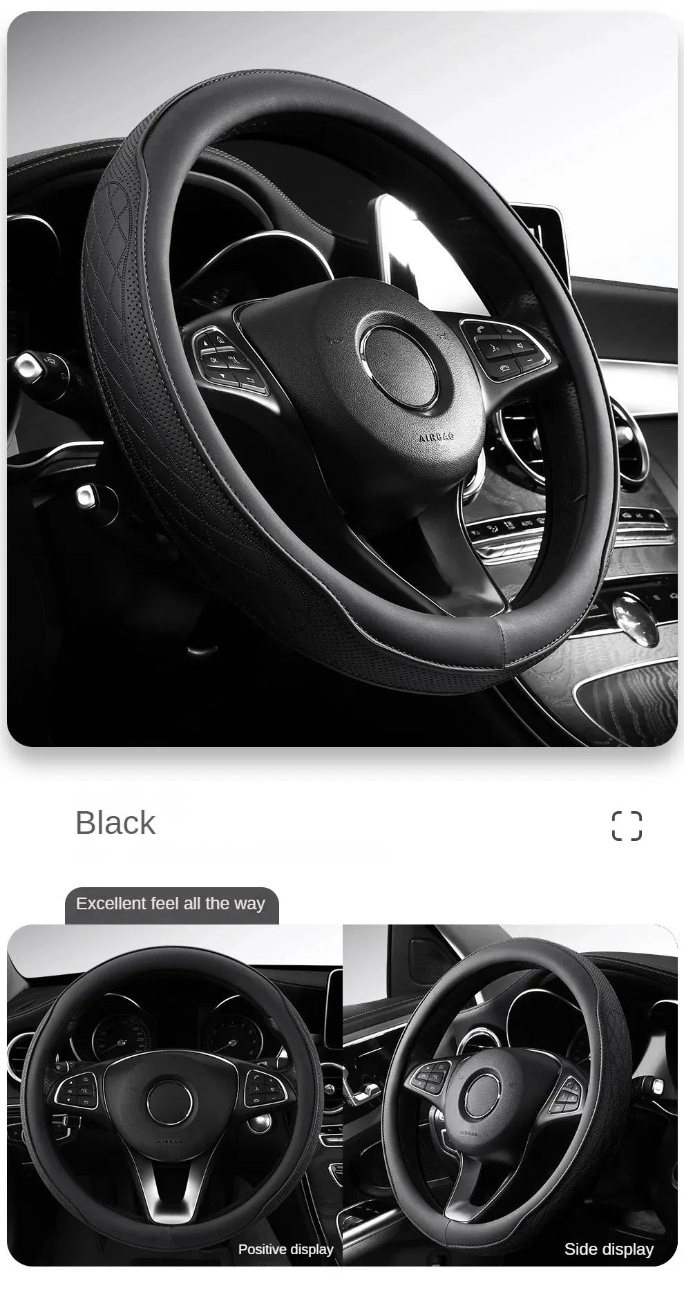 Embossed PU Leather Patchwork Steering Wheel Cover - Non-Slip & Breathable (15 inch/38cm)