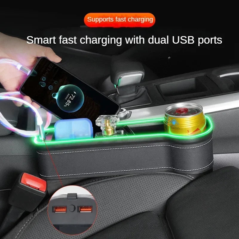 Car Seat Gap Organizer with USB Charger, LED & Cup Holder | Crevice Storage