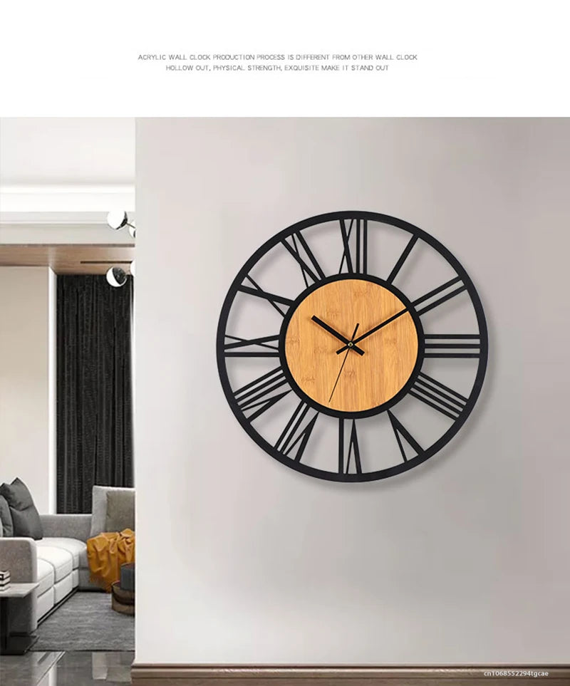 Nordic Retro 3D Large Wall Clock - Silent Roman Numerals Wood Metal Iron Decor