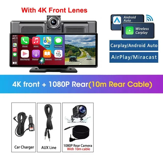 Srnubi 10.26" 4K Dash Cam with CarPlay, Android Auto & GPS