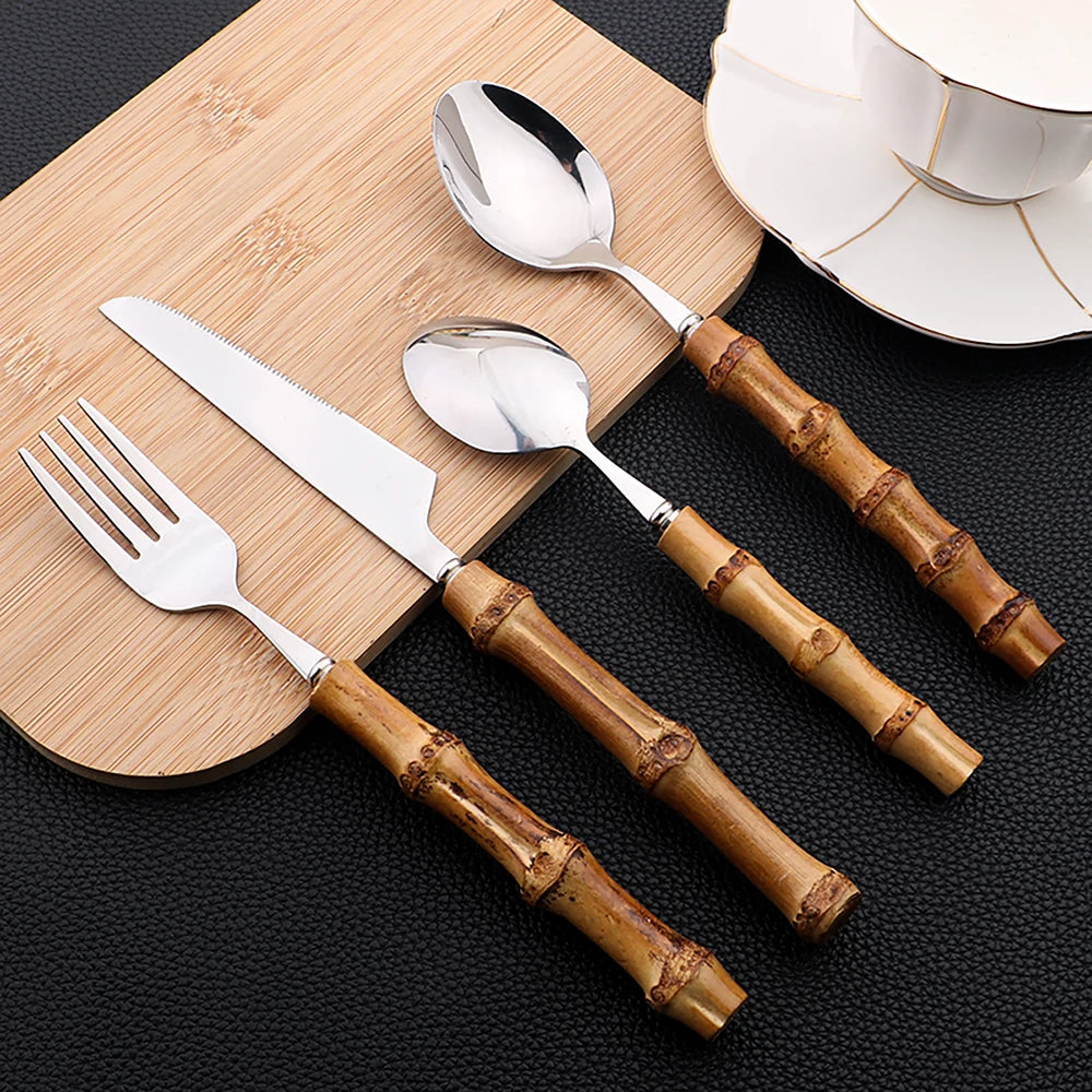 24Pcs Bamboo Handle Stainless Steel Cutlery Set - Natural Flatware