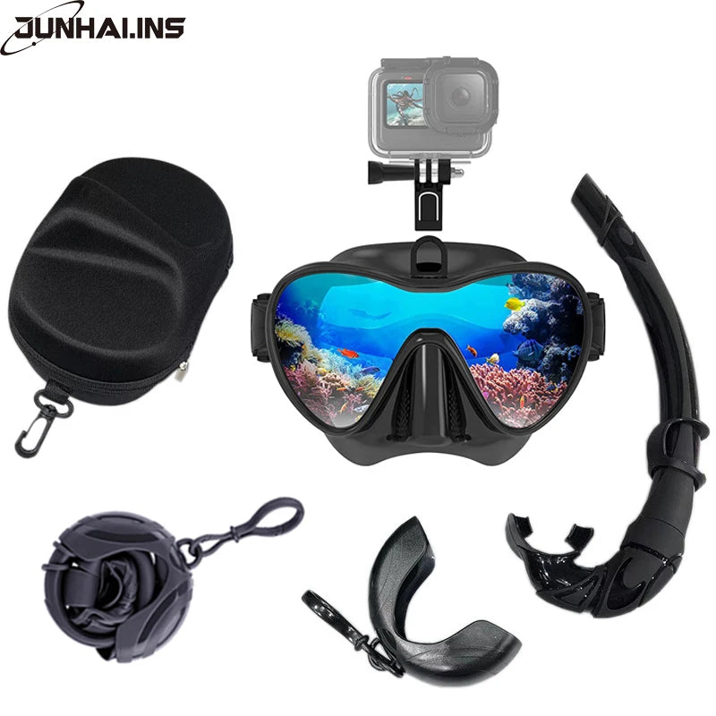 Low Volume Freedive Mask & Snorkel Set with Camera Mount - Tempered Glass Black