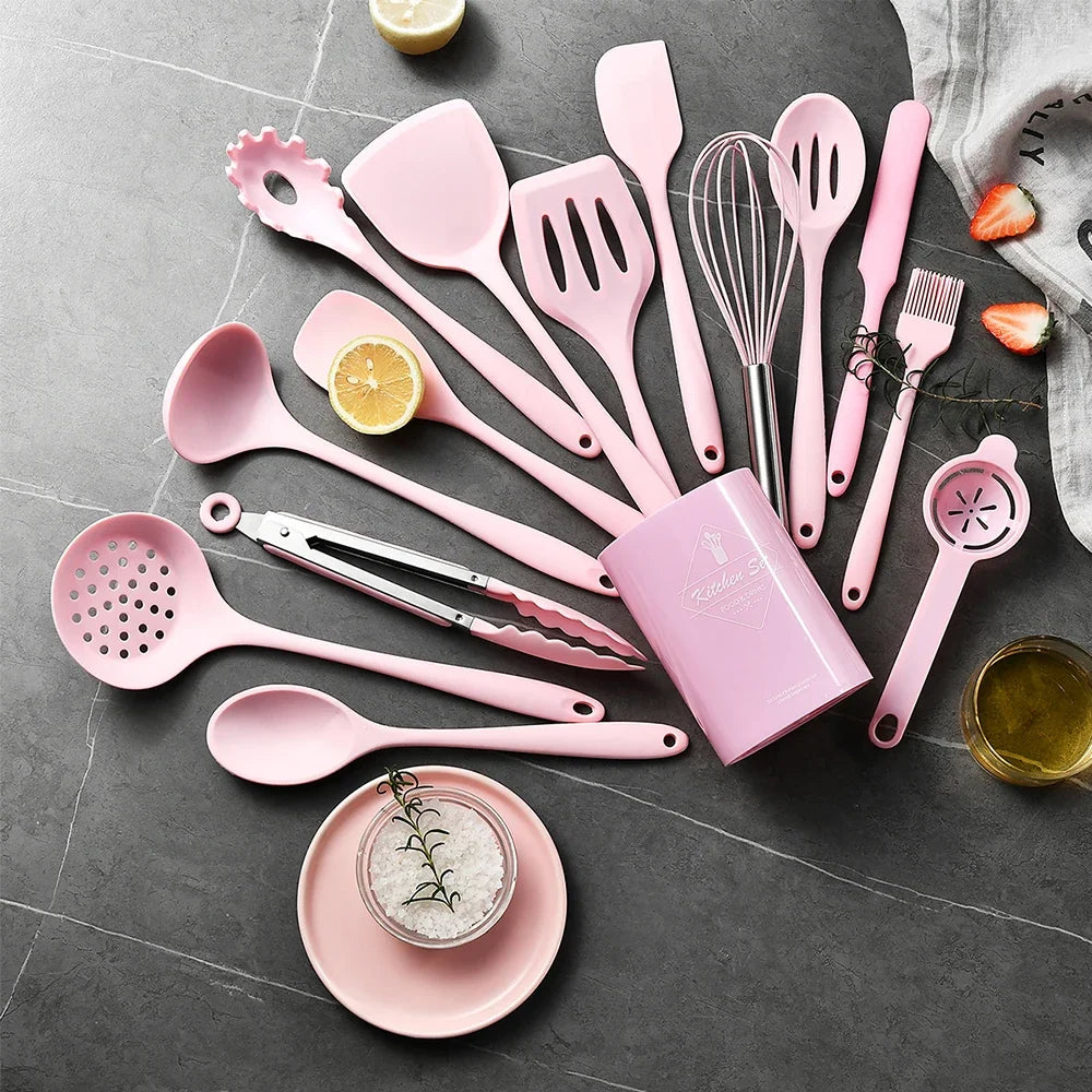 15-Piece Khaki Food Grade Silicone Kitchen Utensil Set