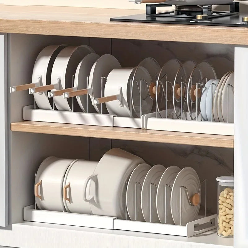 Expandable Pot & Pan Organizer Rack - Adjustable Kitchen Cabinet Storage Solution