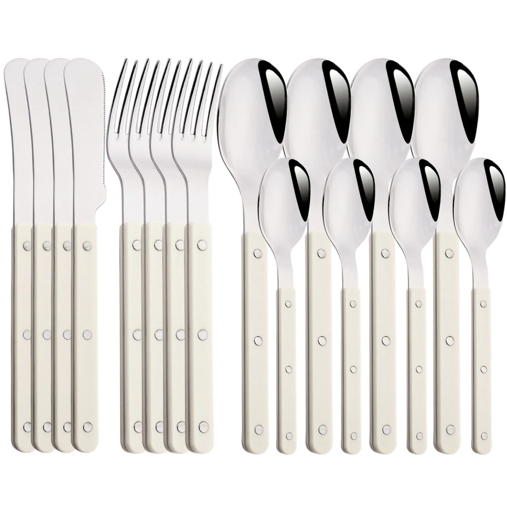 Elegant Beige Silver Acrylic Handle Cutlery Set - 4/16 Pc Stainless Steel Dinnerware