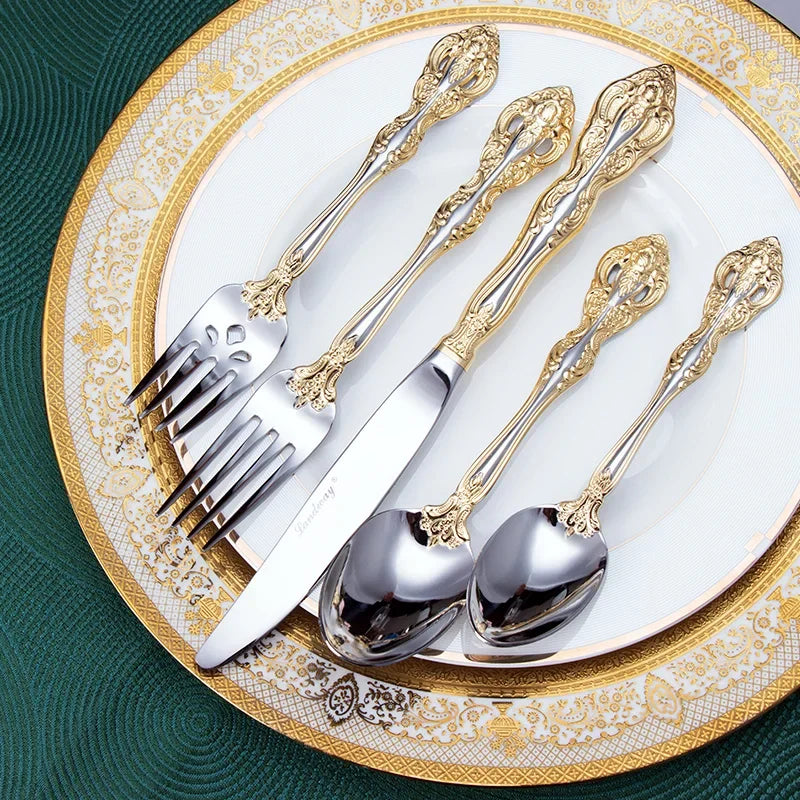 Luxury Retro Gold Silverware Set | 5-Piece 304 Stainless Steel Cutlery
