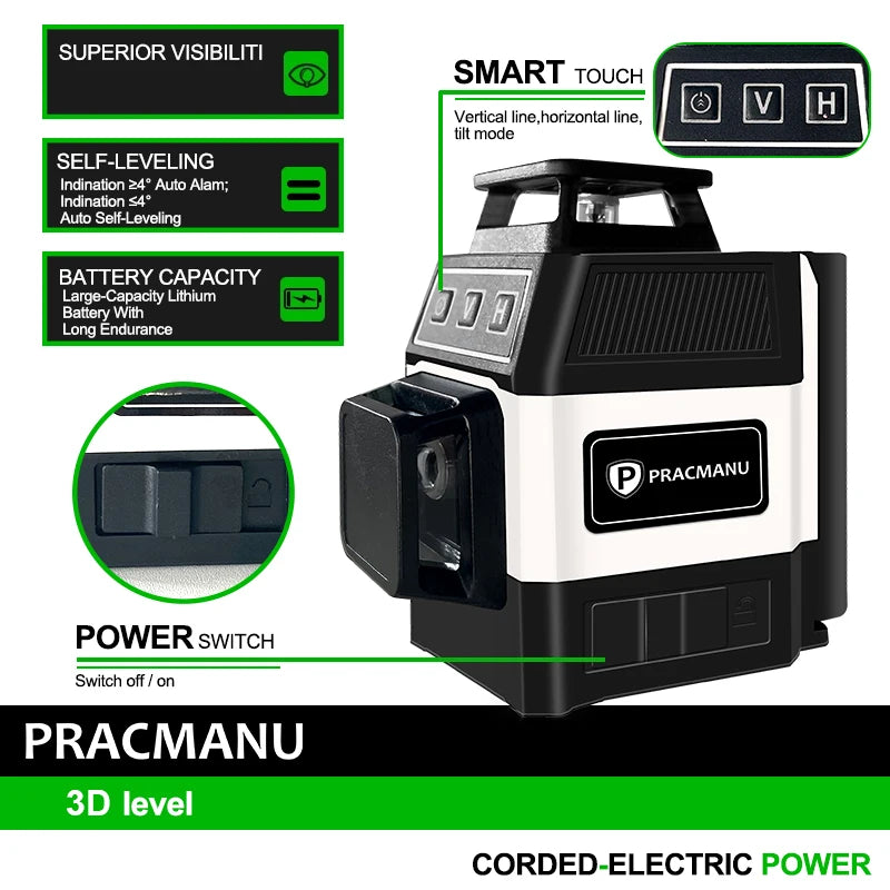 Pracmanu 12-Line 3D Green Laser Level - Self-Leveling 360° Precision Tool