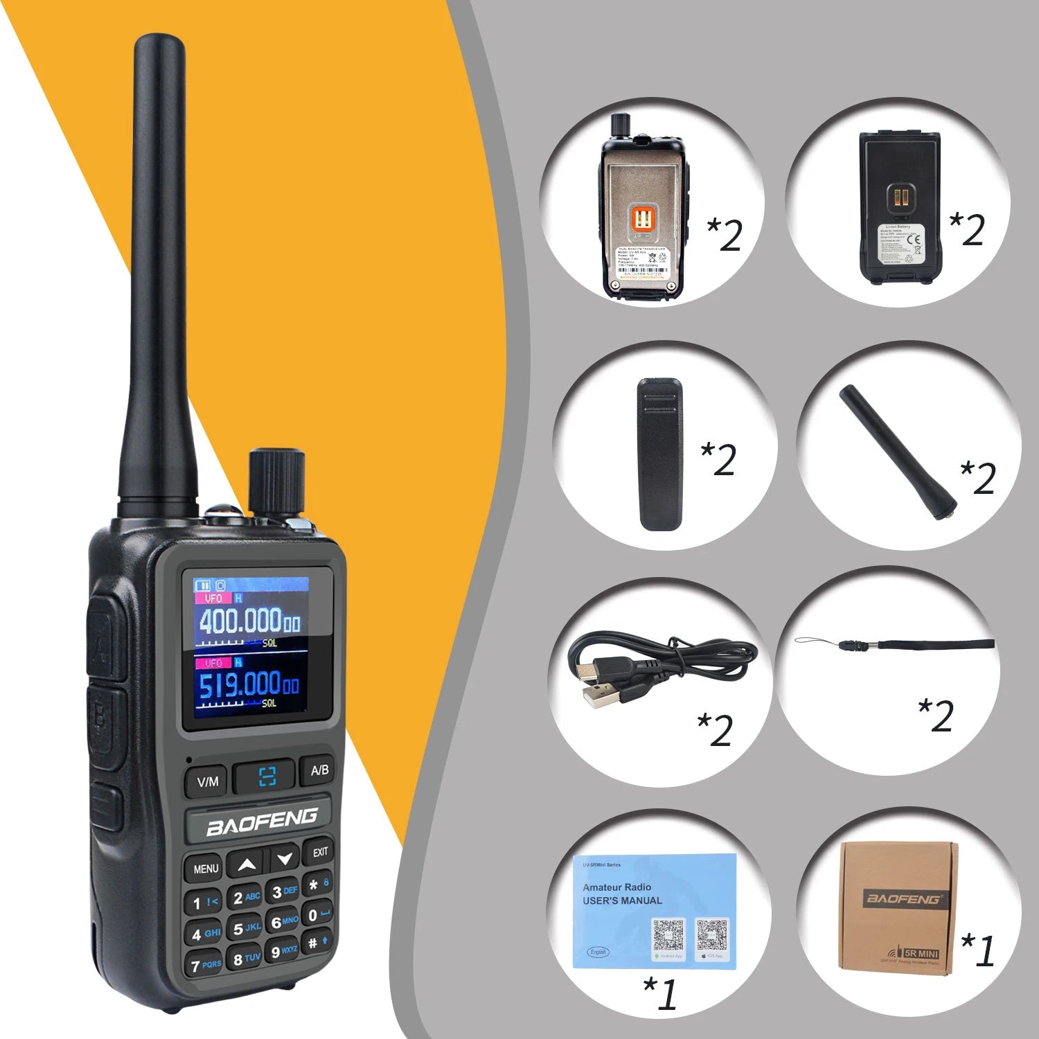 Baofeng UV-5R Mini 2PCS Dual Band Walkie Talkie - Compact 5W Amateur Radio with Air Band Rx & Type-C
