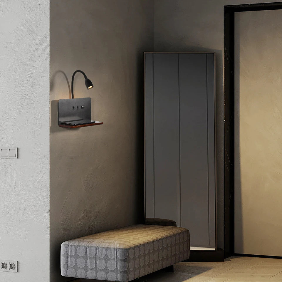 Modern 360° Rotatable LED Wall Lamp with USB & Wireless Charging for Bedside