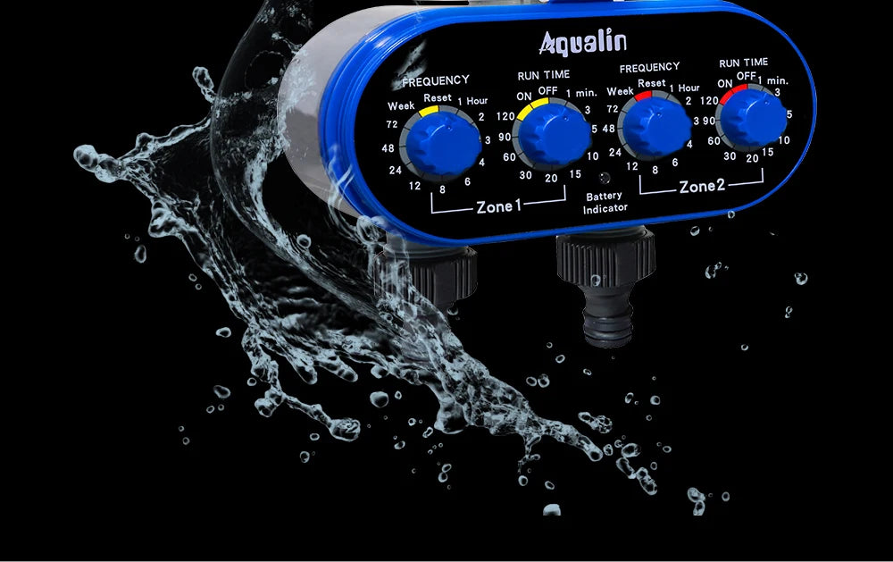 Automatic Garden Water Timer, 2 Outlet Ball Valve, 4 Dials, 0 Pressure Irrigation Controller for Yard