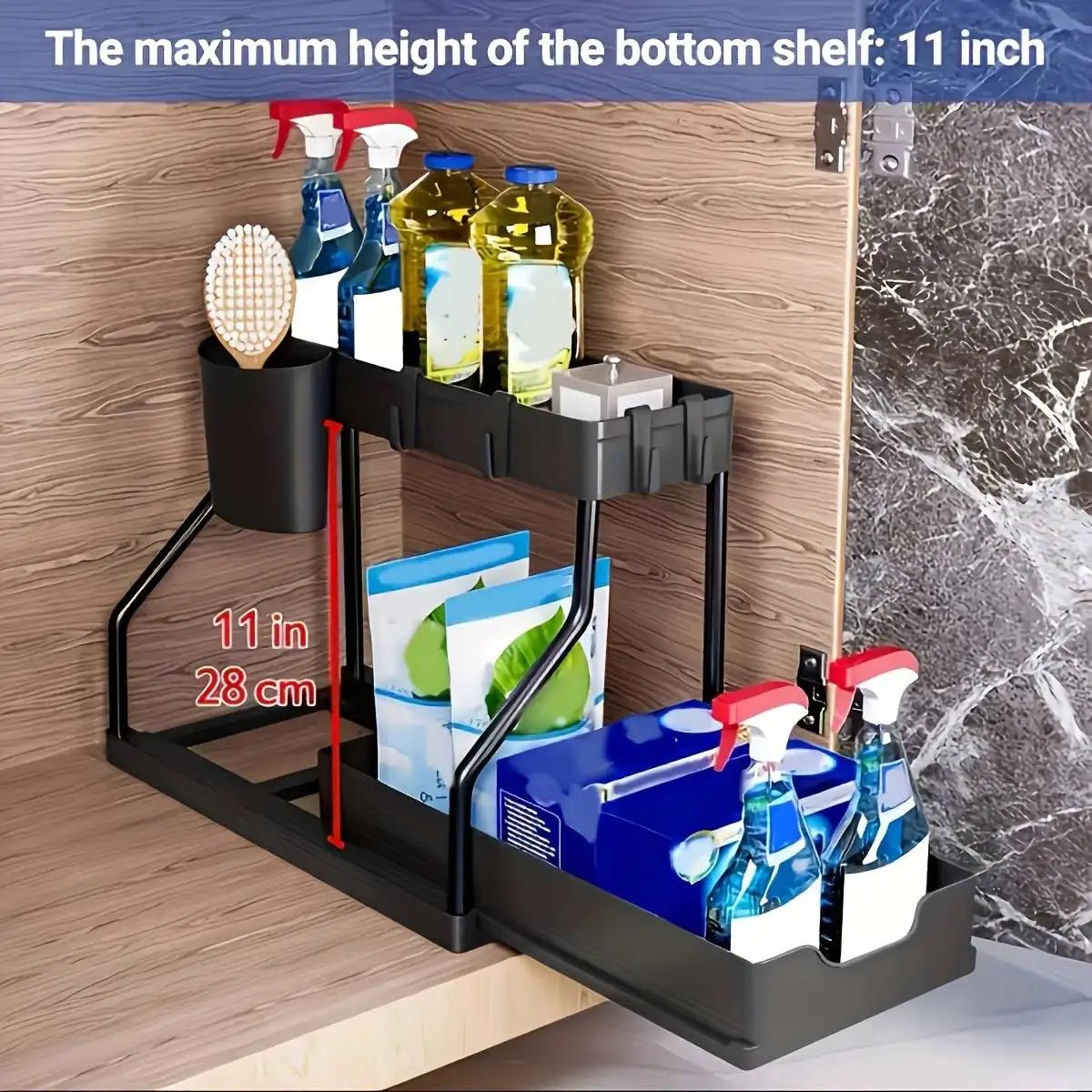 Vabena 2-Tier Under Sink Pull-Out Organizer - Space Saving Storage for Kitchen & Bath