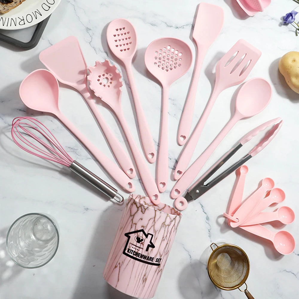 Vabena Pink 18Pcs Silicone Kitchen Utensil Set - Food Grade Cooking Tools