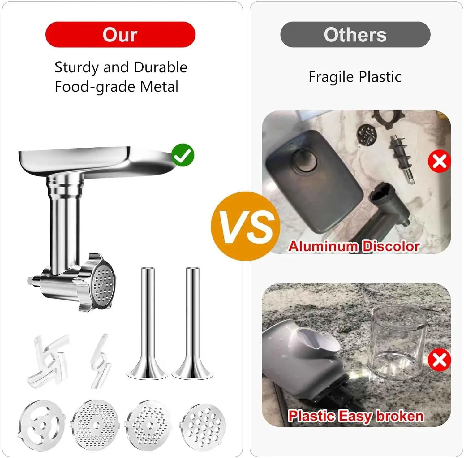 Vabena Metal Food Grinder & Sausage Stuffer for KitchenAid & Cuisinart Mixers