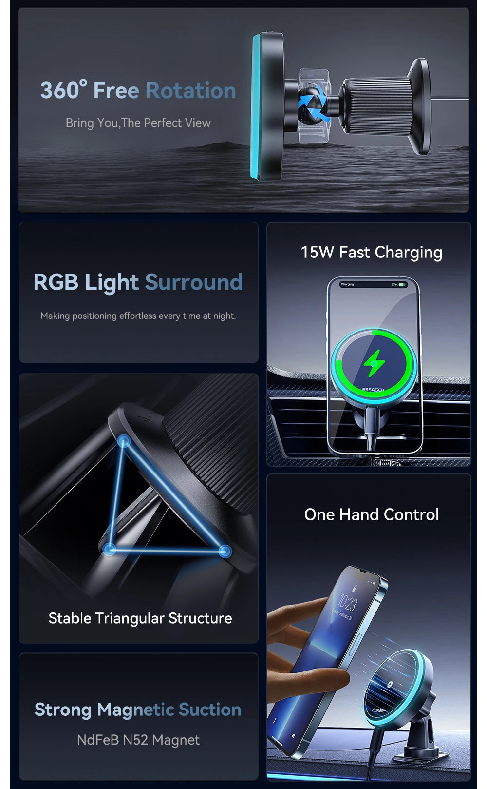 Essager 15W Magnetic Car Charger Mount - Fast Wireless Phone Holder
