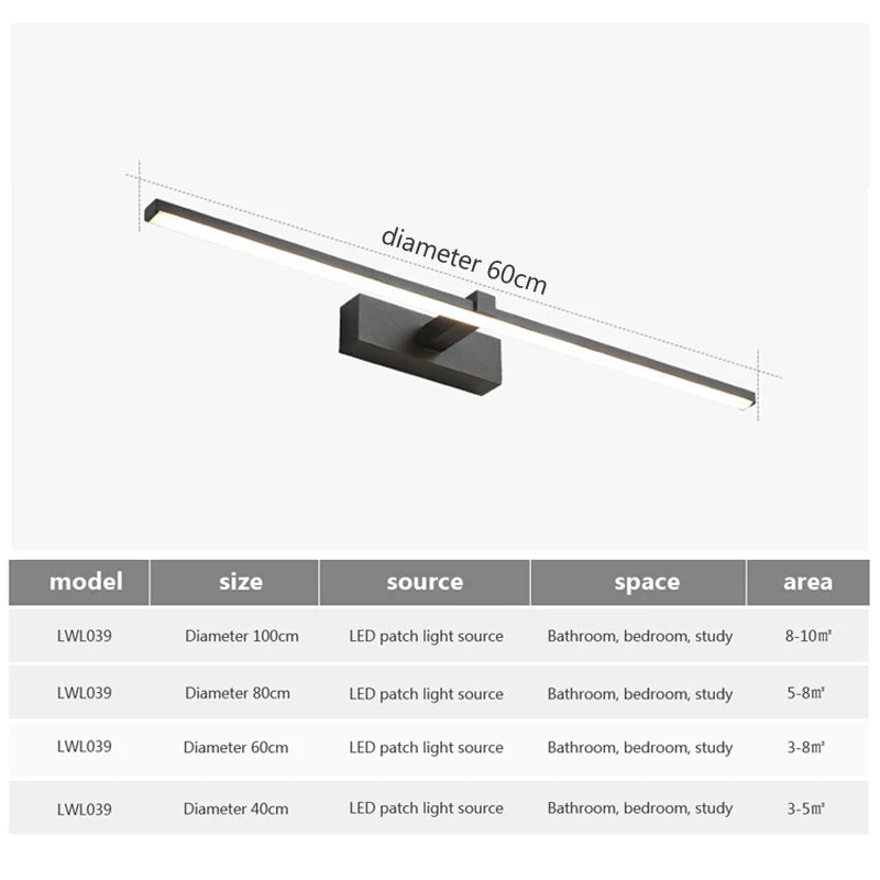 Vabena Modern LED Bathroom Wall Light - Three Color Aluminum Mirror Lamp