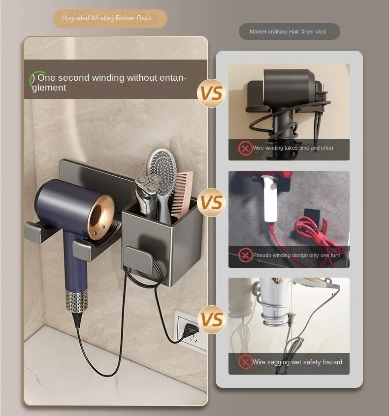 Wall Mounted Hair Dryer Holder with Storage - Bathroom Organizer Shelf