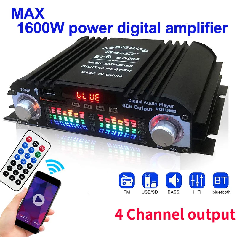 1600W Peak HiFi Amplifier | 4-Ch Digital Audio | Bluetooth Karaoke FM Remote