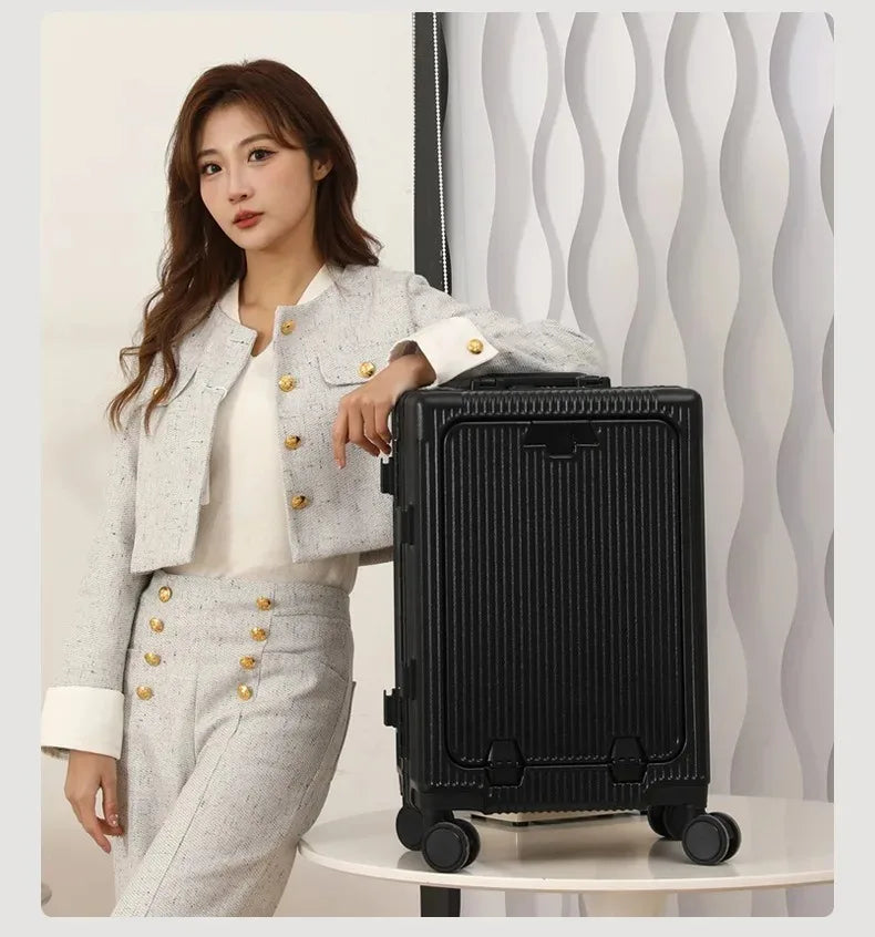 Vabena Front Opening USB Charging Aluminum Carry-on Suitcase
