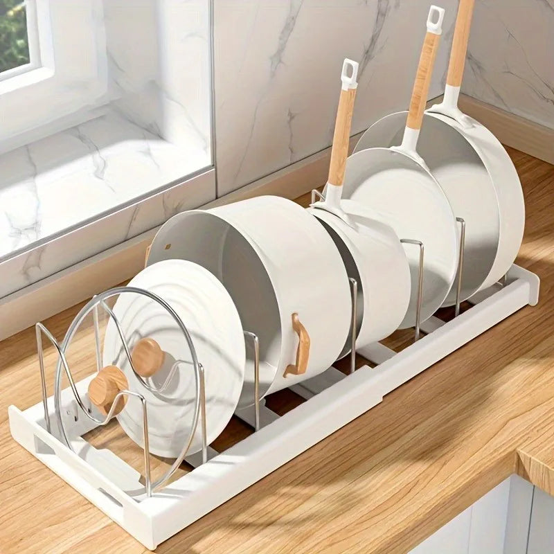 Expandable Pot & Pan Organizer Rack - Adjustable Kitchen Cabinet Storage Solution