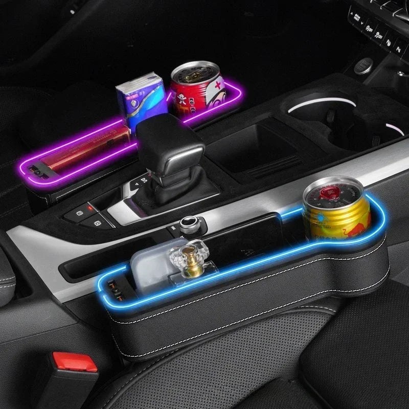 Car Seat Gap Organizer with Dual USB Charger & LED – Phone, Card, Cup Holder