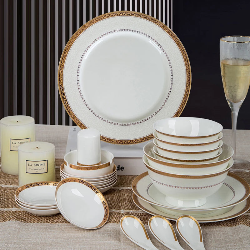 Luxury 58-Pc Gold Rim Bone China Dinnerware Set - Elegant Dining