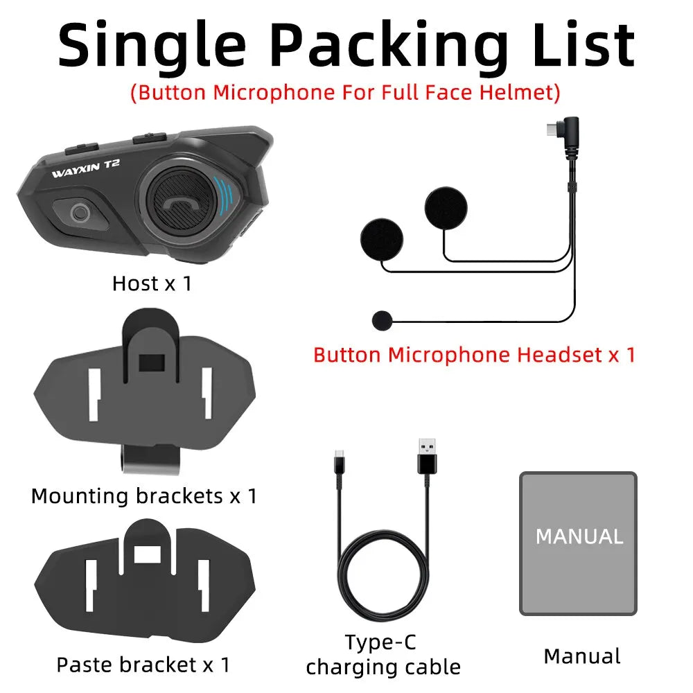 WAYXIN T2 Motorcycle Bluetooth Intercom - 2 Rider, 300M, BT 5.1, Waterproof Headset