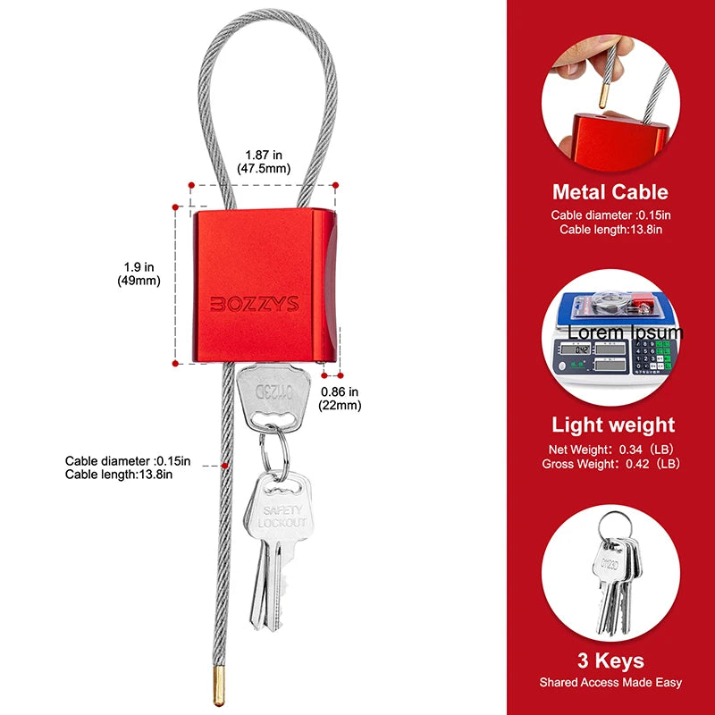 BOZZYS Adjustable Cable Lockout Padlock - Industrial Safety Lock