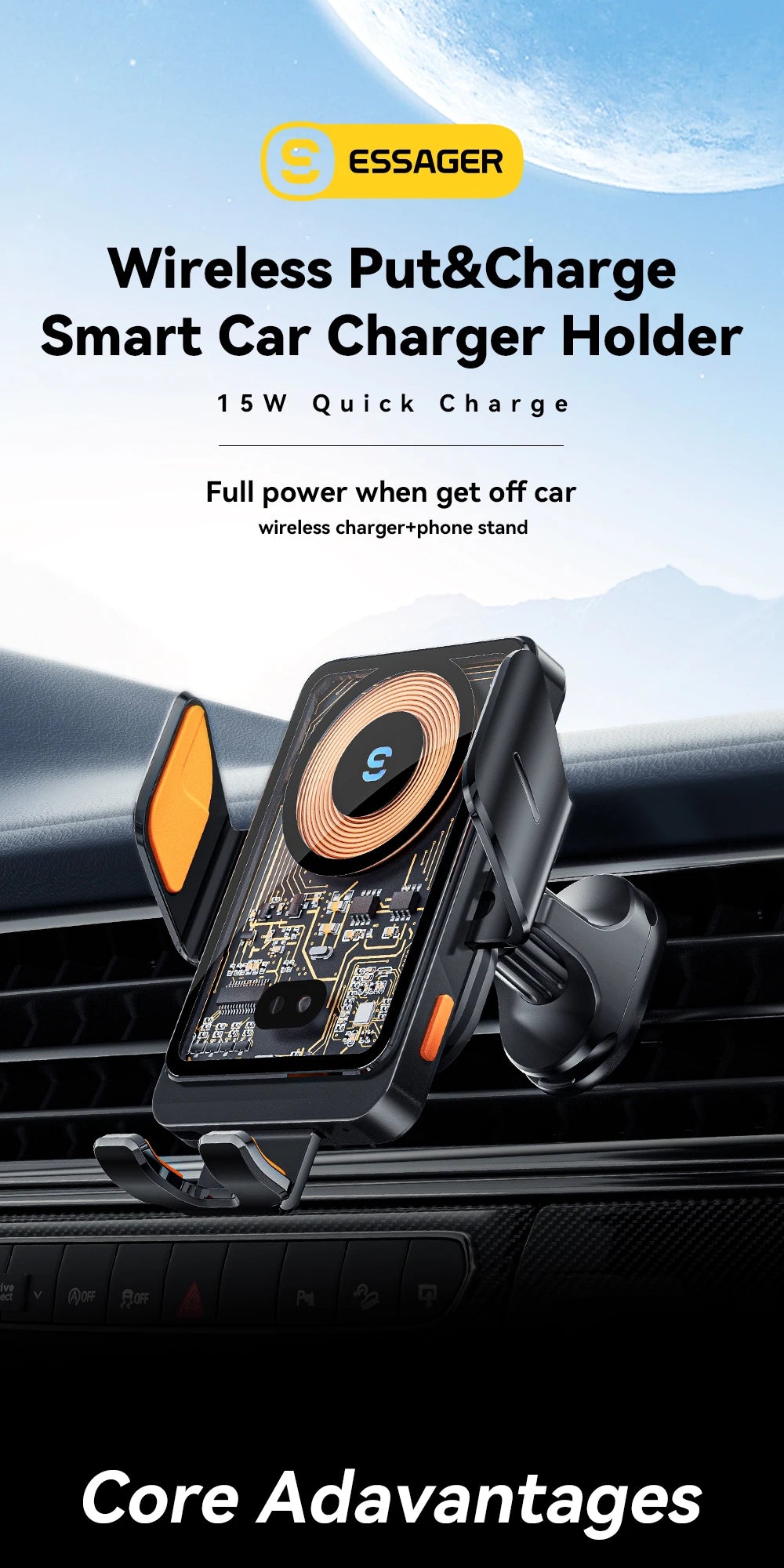 Essager 15W Qi Fast Wireless Car Charger & Phone Holder