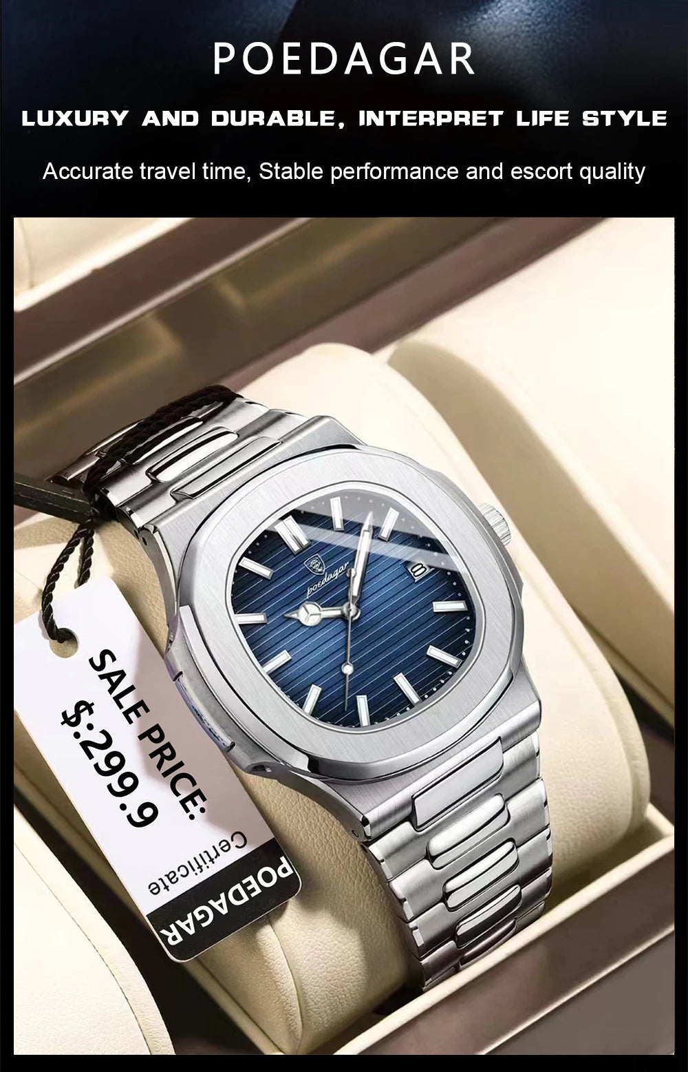 POEDAGAR Men's Square Luxury Quartz Watch - Waterproof, Luminous Date, Stainless Steel for Business & Sport