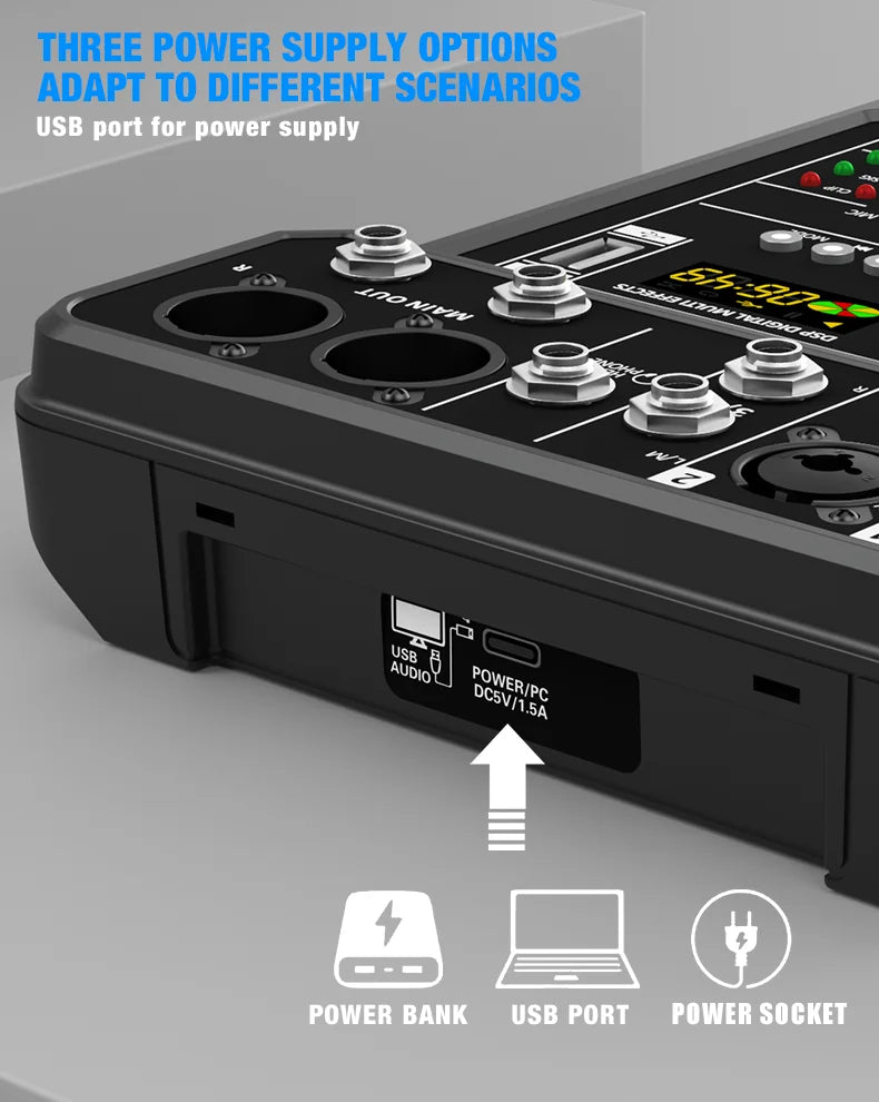 4-Channel Bluetooth Audio Mixer Console with 48V Phantom Power for USB Computer & Karaoke