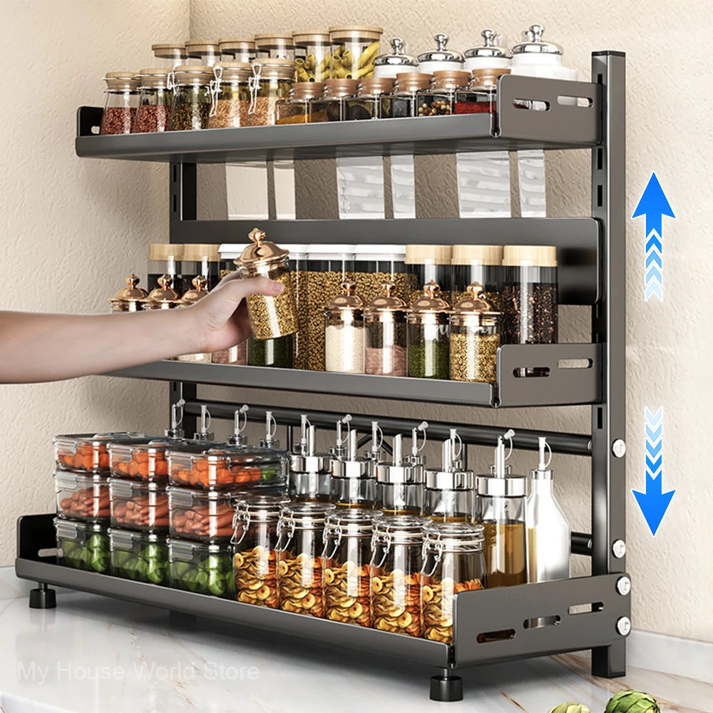 3 Tier Adjustable Spice Rack - Countertop & Cabinet Kitchen Organizer
