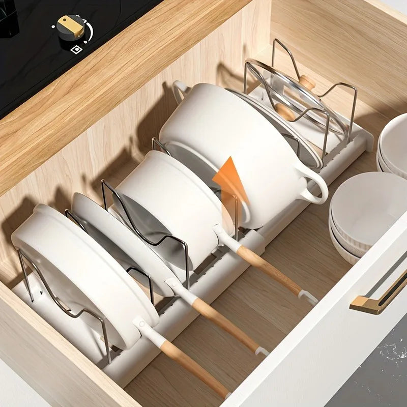 Expandable Pot & Pan Organizer Rack - Adjustable Kitchen Cabinet Storage Solution