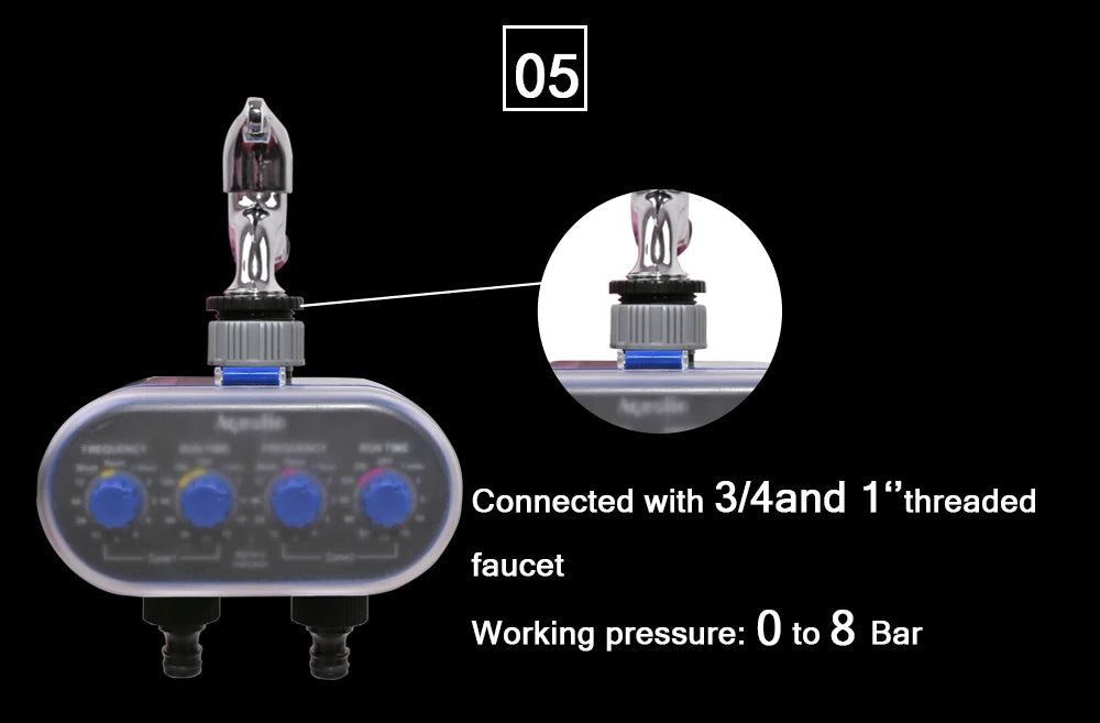 Automatic Garden Water Timer, 2 Outlet Ball Valve, 4 Dials, 0 Pressure Irrigation Controller for Yard