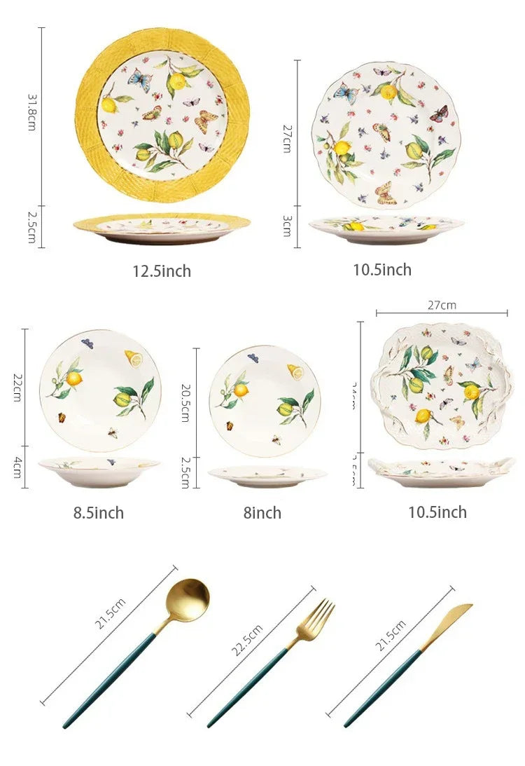 Elegant European Lemon Ceramic Dining Set | Dinner Plates & Coffee Cups