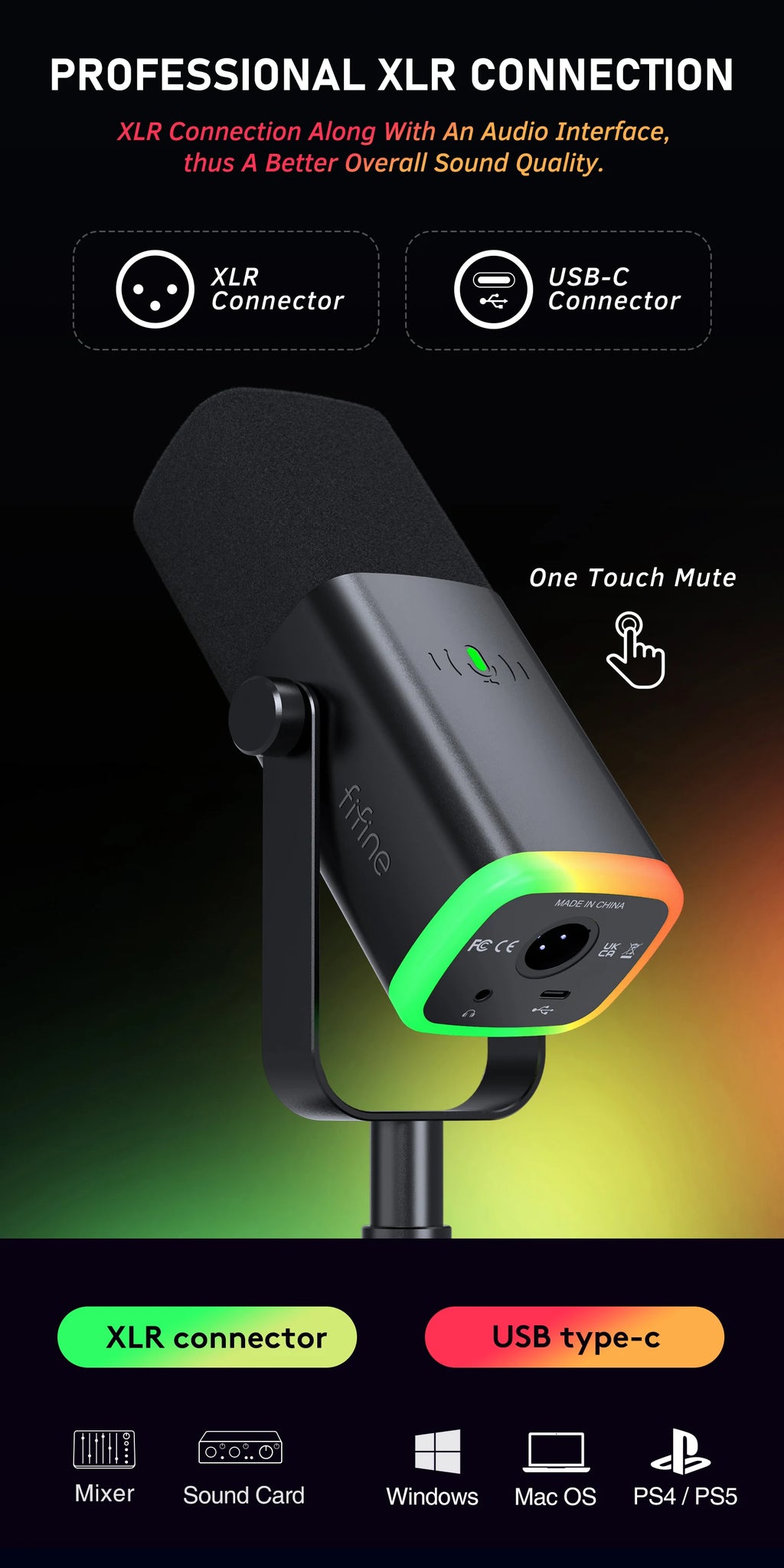 FIFINE AM8 USB/XLR Dynamic Gaming Microphone with Mute & Headphone Jack
