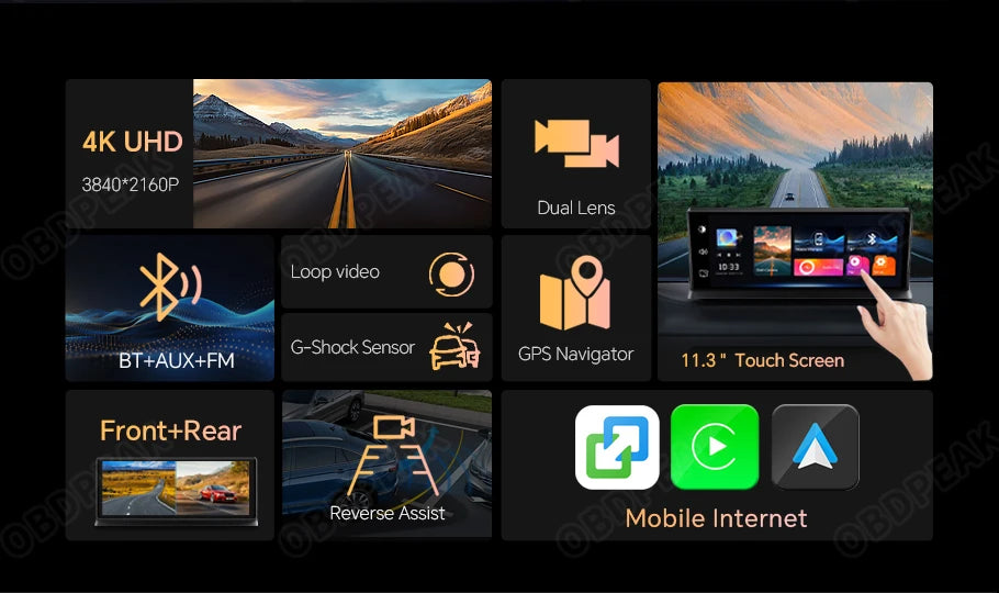 K2 Pro 11.3" 4K Wireless CarPlay Android Auto Dash Cam with GPS & Dual Lens