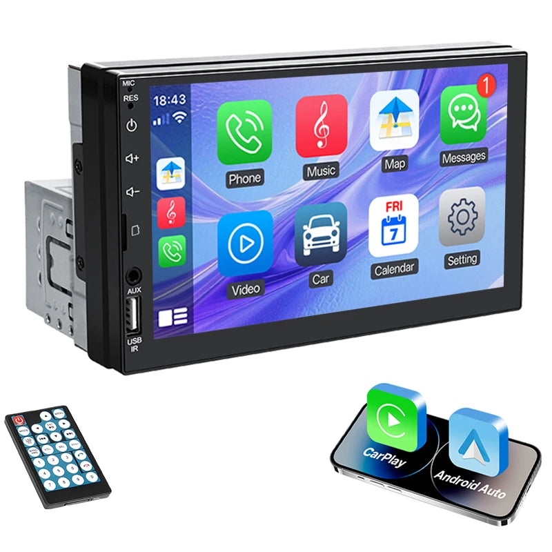 Hippcron 7" 1 Din Car Radio - CarPlay Android Auto Multimedia Player