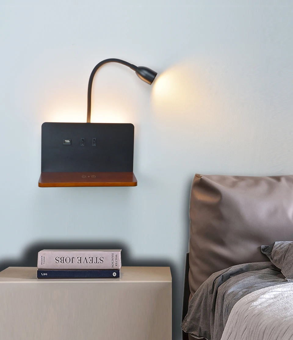 Modern 360° Rotatable LED Wall Lamp with USB & Wireless Charging for Bedside