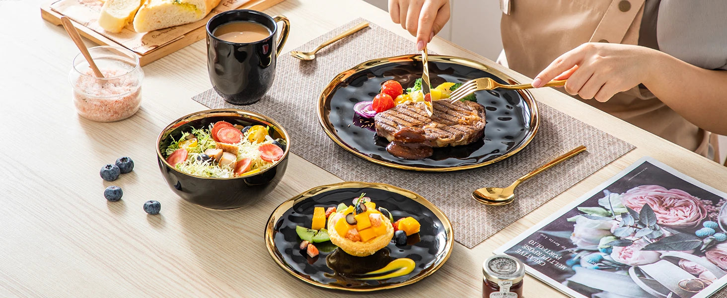 LOVECASA 16/32-Piece Black Porcelain & Gold Dinnerware Set