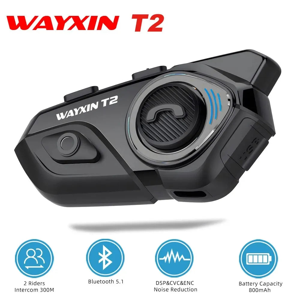 WAYXIN T2 Motorcycle Bluetooth Intercom - 2 Rider, 300M, BT 5.1, Waterproof Headset
